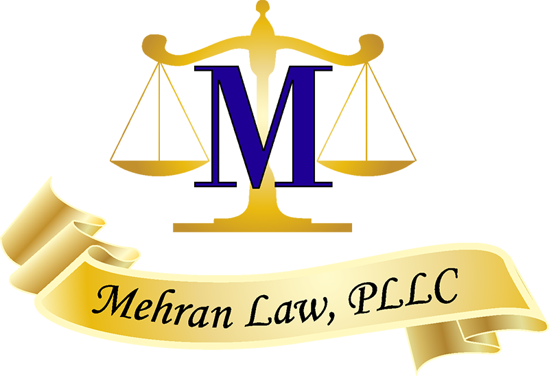 Mehran Law logo; a gold and white banner with the text "Mehran Law, PLLC", above it is a silhouetted gold to white gradient scale of justice with a blue and black letter M on top center.